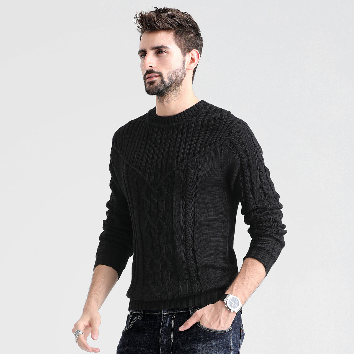 2021秋冬新款亞馬遜圓領(lǐng)毛衣男歐美跨境休閑套頭針織衫一件代發(fā)