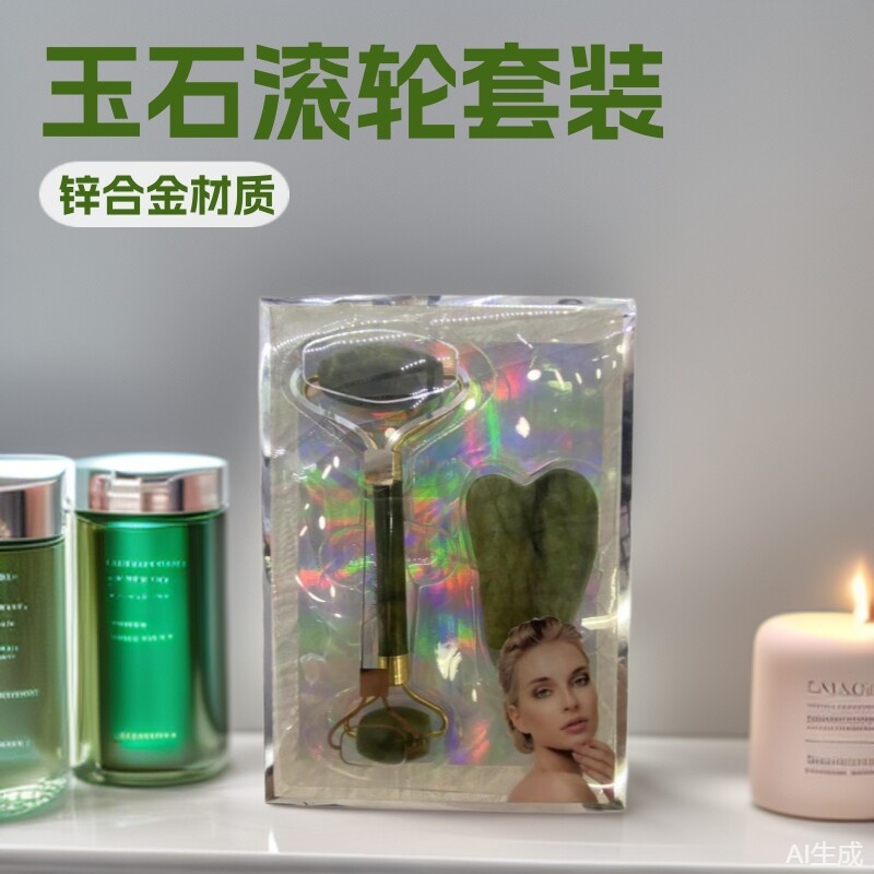 Rodillo de jade, juego de dos piezas, masajeador facial, tabla de raspado, jade del sur, aleación de zinc, masaje lifting, cuidado natural de la piel