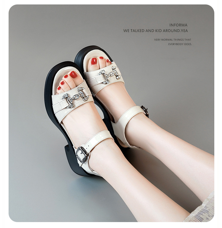 Sandal cao gót nữ da bò đế dày quai ngang đính đá — màu đen chi tiết 12
