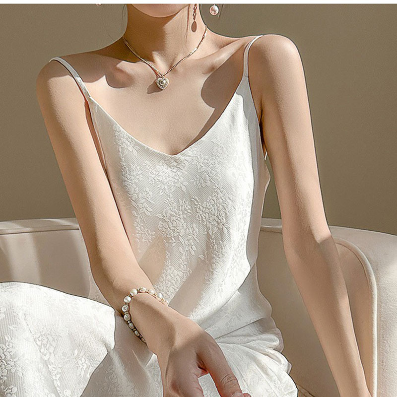 Triacetate Suspender Dress for Women in Summer, Loose Inner V Neck Design, Satin Elegant Long Skirt