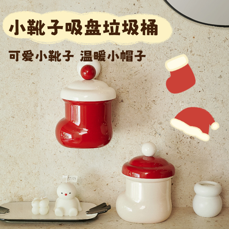 Cute Small Boots Trash Can with Lid Wall Hanging Suction Cup Trash Can Christmas Household Desktop Special Large Storage Bucket