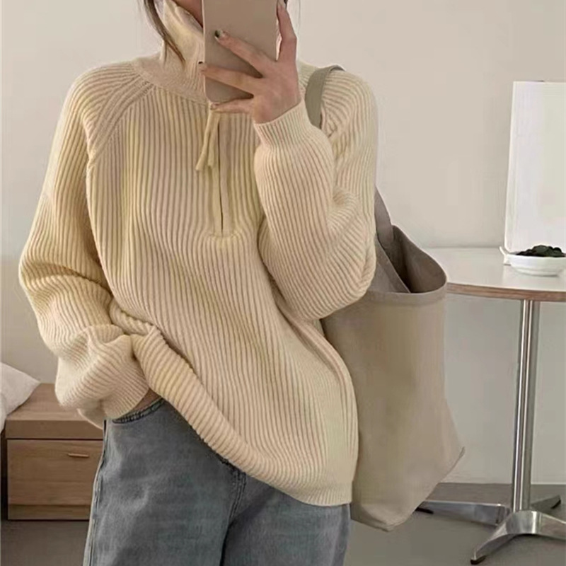 Half-Zip Turtleneck Knitwear for Women in Autumn and Winter New Design Korean Style Loose Pullover Soft Waxy Pure Color Knitwear Top