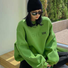 【专柜品质】美式chic卫衣女款秋冬2025新款宽松加绒圆领绿色上衣