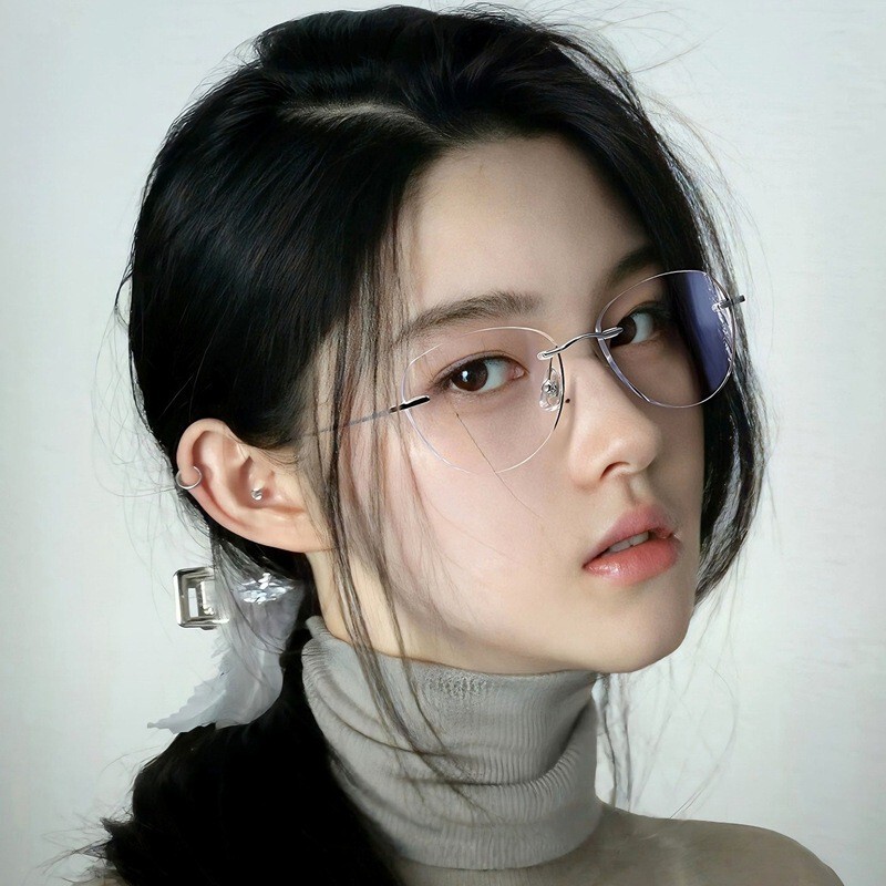 Korean Style Cool Rimless Glasses for Women with Myopia Can Be Equipped with Degree Anti-Blue Light High-Sense Cat-Eye Rimless Eye Frames