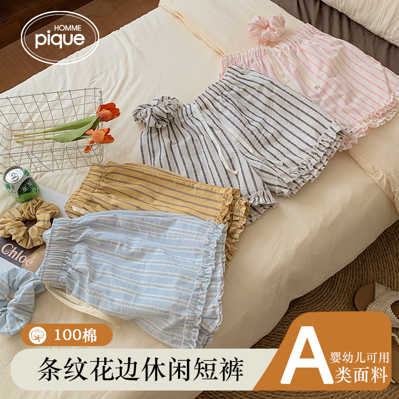 여름 100면 일본 줄무늬 캐주얼 레이스 반바지 잠옷 홈 부드럽고 통기성이 뛰어난 홈 바지 줄무늬 반바지