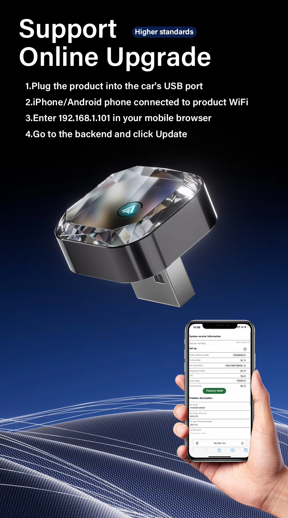 Hot Selling Diamond Carplay Car-Machine Interconnection Box with Cooling Holes Horizontal Plug-In 2in1 Wireless Caplay Box