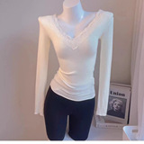 Осенний модный кружевной шелковый приятный телу сексуальный лонгслив, V-образный вырез, в западном стиле