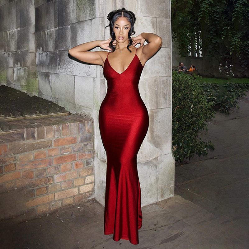 Trumpet Dress Dresses Type Spandex, Polyester Fabric Type High Waist Waist Line Party Occasion Wholesale Women'S Fashion Patchwork Backless Solid Color Party V Neck Sleeveless Trumpet Dress