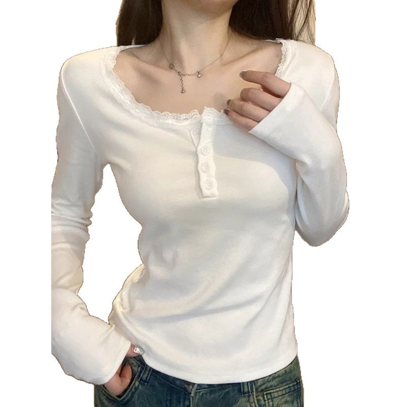 早春秋季绝美纯欲蕾丝花边显瘦打底衫女内搭长袖T恤正肩u领上衣|undefined
