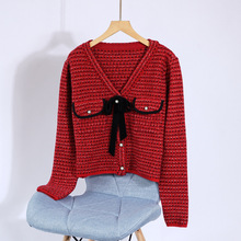 SP2022早春新款V領蝴蝶結針織開衫女新年紅短款小個子毛衣外套ins
