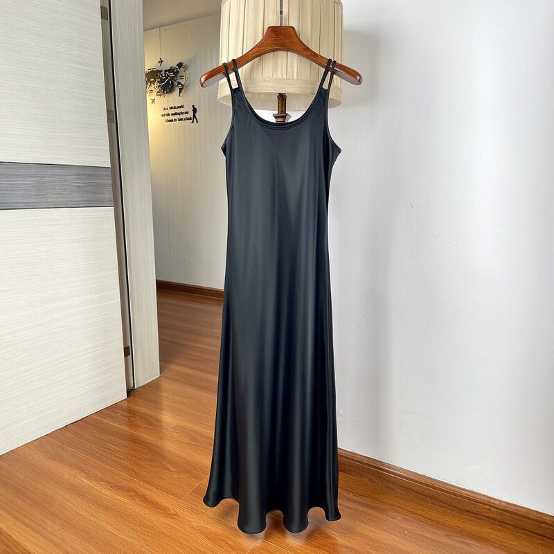 Double-Strap Acetate Satin Slip Dress for Women, Summer Drapey Style, Suitable for Outerwear or Layering, U-Neck, Waist-Cinching, Slimming Long Dress
