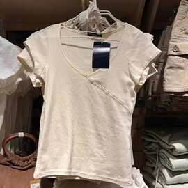 Brandy BM新款美式v领花边系带上衣bm打皱修身棉短袖t恤女ins潮