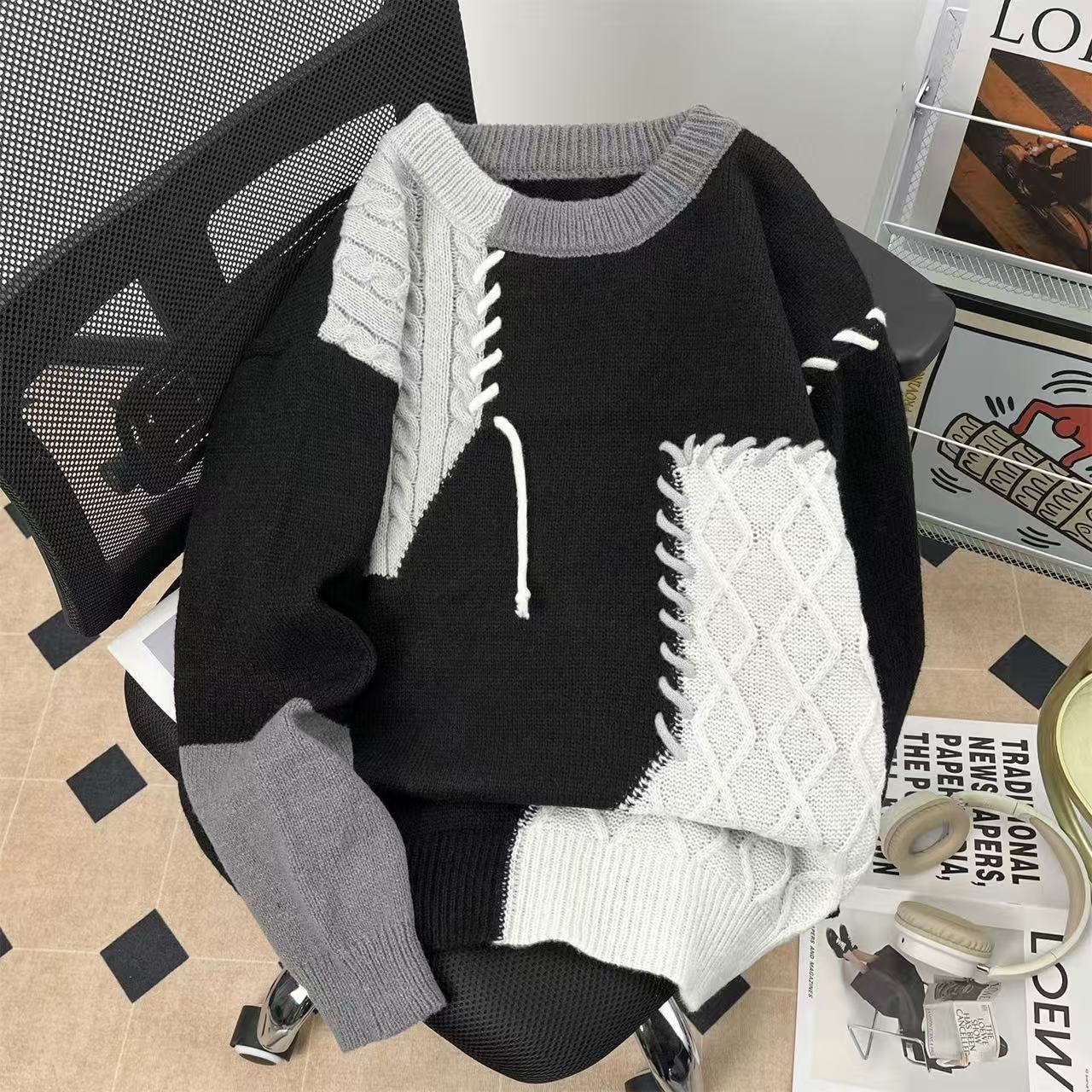 Al por mayor transfronterizo nueva moda jersey de punto hombre manga larga negro blanco naranja blanco verde en stock transpirable