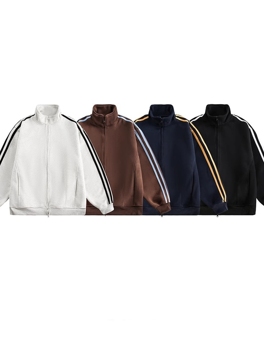 アメリカのレトロな3本のバーのスタンドカラーのジャケットの男性の秋のファッションのブランドのゆったりしたダブルヘッドのジッパーのジャケットのカップルのカーディガンのコート