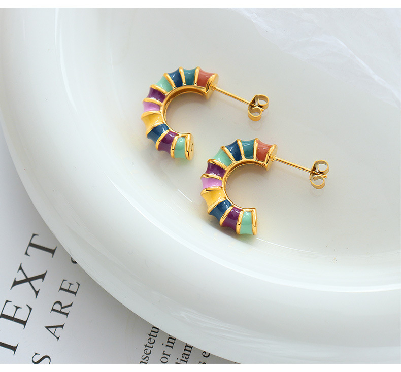 Retro Simple Fashion C- Shaped Bamboo Colorful Contrast Color Ear Studs Titanium Steel