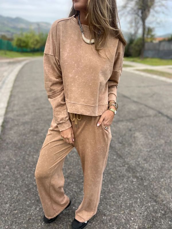 2025欧美跨境爆款外贸新款秋冬女士休闲百搭系带圆领长袖裤套装女|undefined