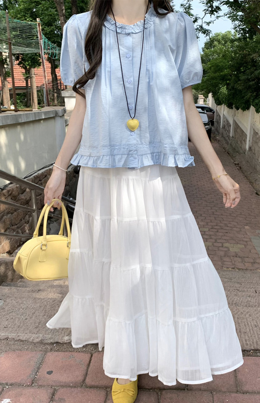 韓国カレッジスタイル2025夏韓国風小ぶりフレッシュ木耳襟万能ゆったりシャツ小柄シャツ|undefined