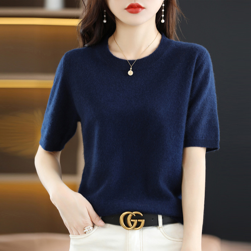 秋のレディーストップスボトリングシャツ半袖Tシャツレディースルーズ半袖セーターレディースセーター薄手2025ラウンドネック|undefined