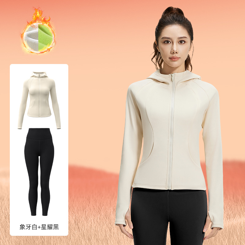 Juyitang otoño e invierno más traje deportivo de terciopelo cintura casual fitness delgado traje de yoga con capucha mujeres image 9