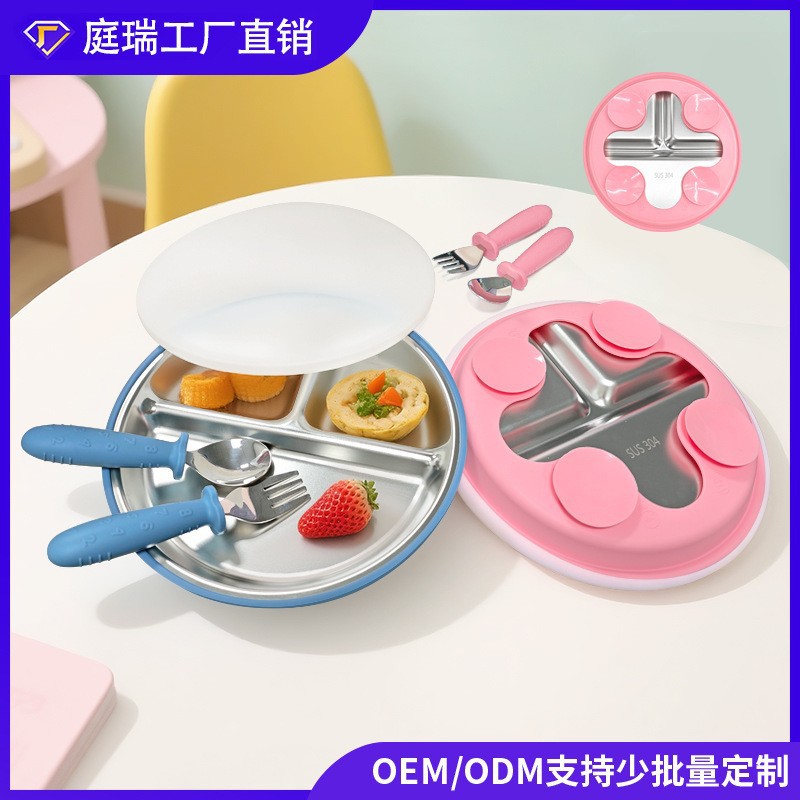 Amazon cubiertos infantiles de acero inoxidable para bebés comidas 304 cubiertos de acero inoxidable platos de silicona tipo ventosa