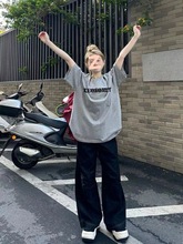 重磅纯棉美式高街潮牌灰色短袖t恤女夏季复古宽松chic港味上衣潮