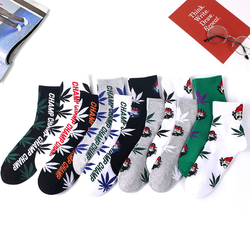 Socks Men's Trendy Brand Maple Leaf Human Head Socks Letter Cotton Socks Breathable European and American Street Sesame Street Sports Trendy Socks