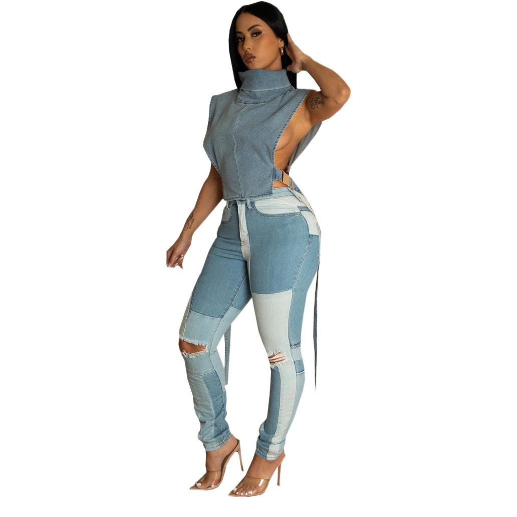 9189TD Nazada Ropa de Mujer, Novedad 2024, Chaleco Corto de Mezclilla Lavada con Cuello Fruncido sin Mangas para Mujer, Estilo Laboral, de Amazon.