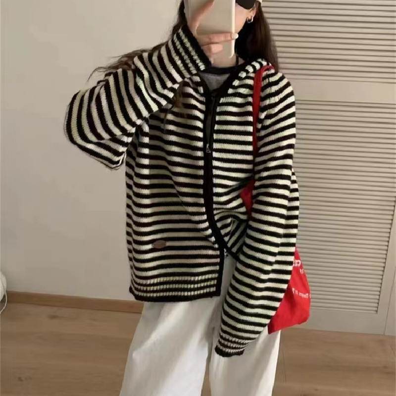 韩系条纹连帽双拉链针织开衫女秋冬新款撞色宽松外穿慵懒毛衣外套|undefined