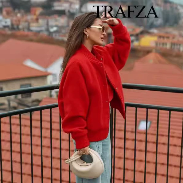 ТРАФЗА Красный осенний цветной шерстяной бейсбольный костюм, Aliexpress, европейский стиль