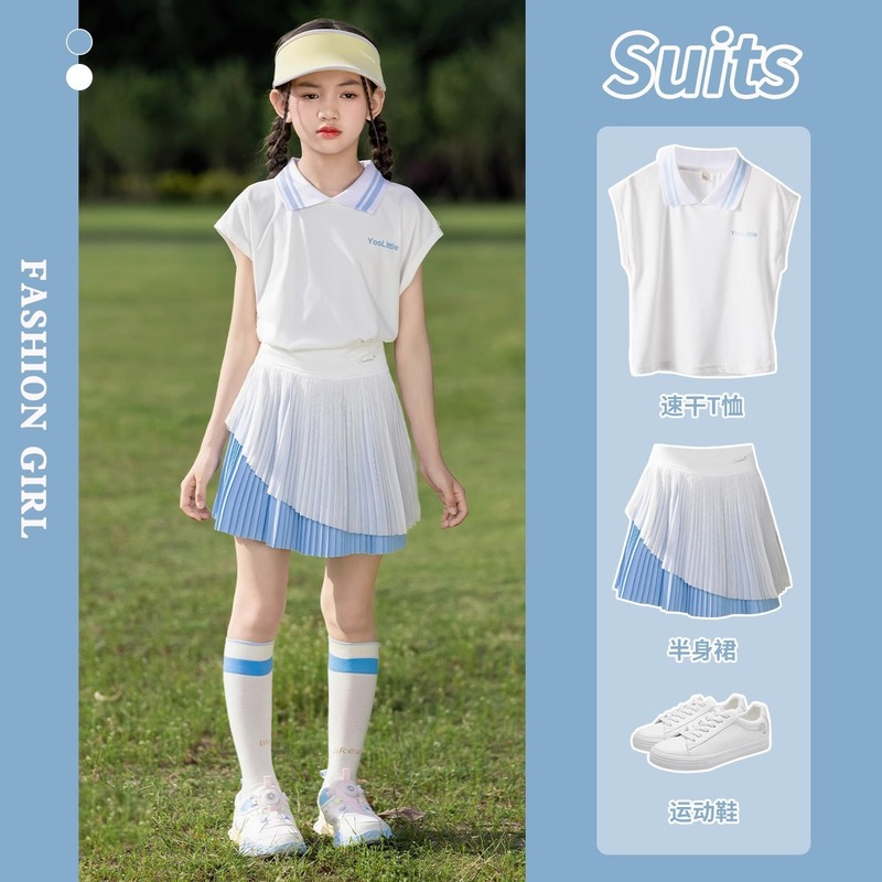 対外貿易子供服女の子速乾スーツ 2025 夏の新しいスタイル子供の夏のポロ襟プリーツスカート服|undefined