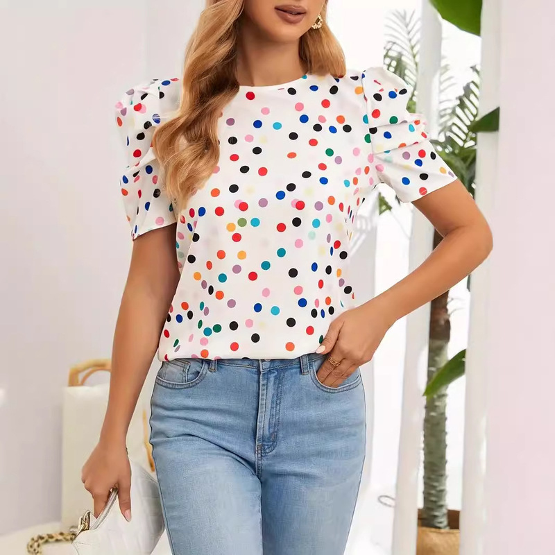 2024 Amazon New Women's Fashion European and American Color Polka Dot Print Back Tie Top Puff Sleeve Shirt 2024 Amazon New Women's Fashion European and American Color Polka Dot Print Back Tie Top Puff Sleeve Shirt