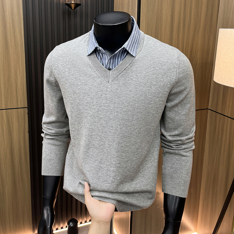 New autumn and winter men's knitwear, faux two-piece wool sweater with shirt collar, thickened and warm, men's business casual top