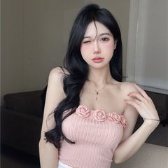 3D Flower Strappy Bralette 2023 New Tight Stretch Knit Off-the-Shoulder Sexy Camisole Top