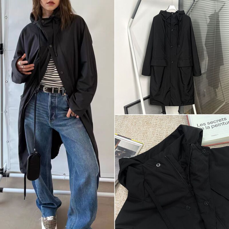 House25 Autumn and Winter Japanese Style Silhouette Warm Inner Quilted Flip-Up Large Flap Pocket Pants Drawstring Hooded Drawstring Cotton Jacket for Women