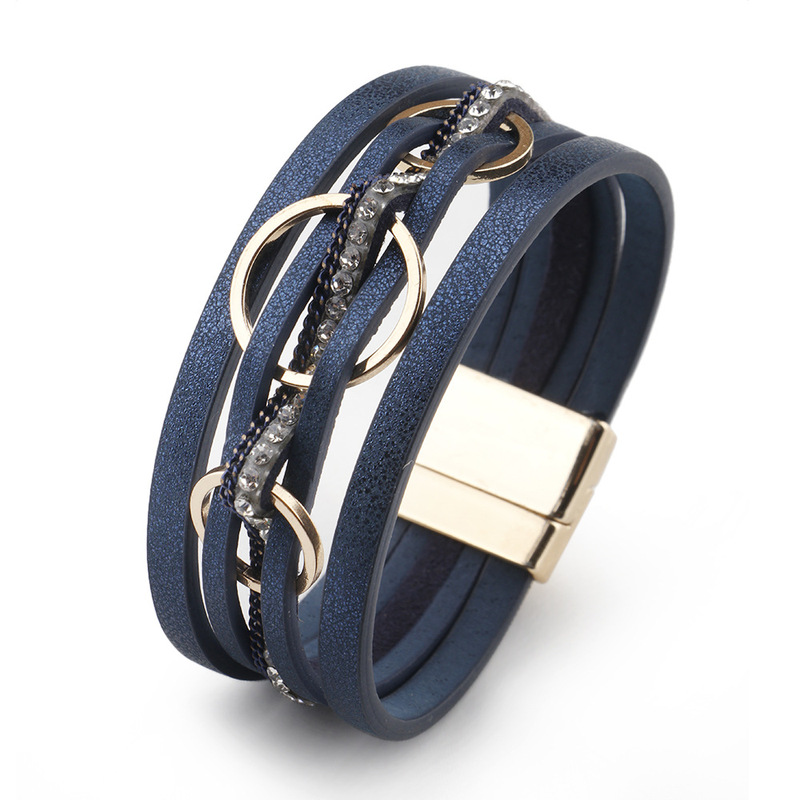 Cross-border new European and American wind magnetic buckle ladies Bracelet wholesale ring interlocking design creative multi-layer pu leather bracelet