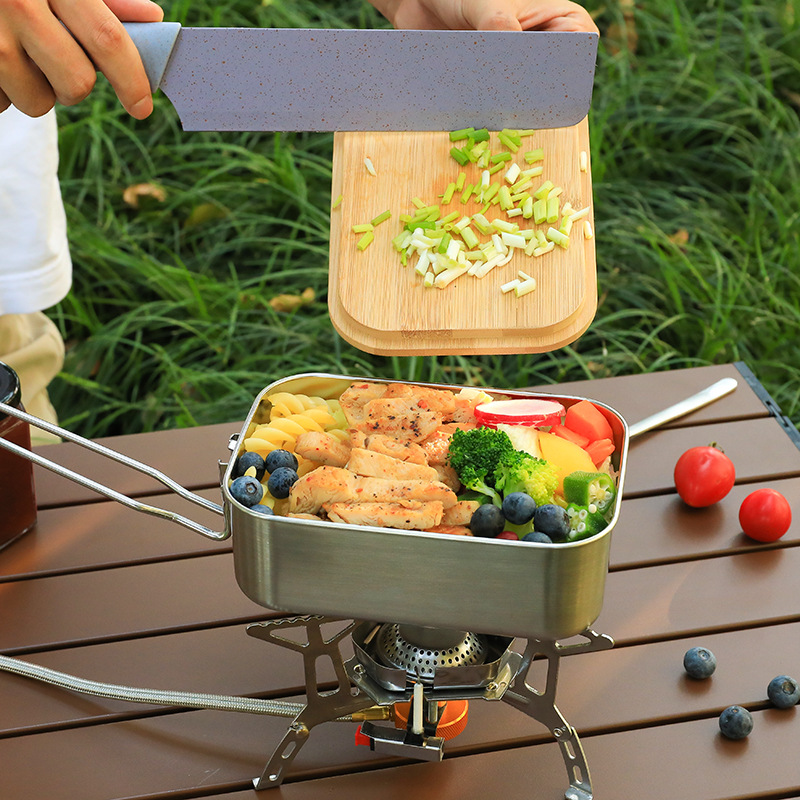 Outdoor Portable304 Stainless Steel Lunch Box With Bamboo Lid Lunch Box Picnic Barbecue Lunch Box With Cutting Board Function