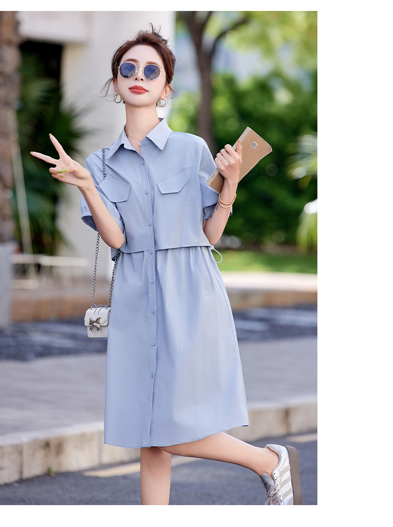 Váy sơ mi nữ tay ngắn thắt eo mùa hè 2025 tặng thắt lưng HF25836 — Màu xanh lam, Màu xanh lá chi tiết 13