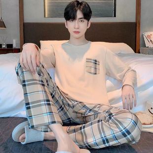 Spring and Autumn Pajamas Men's Long Sleeve Trousers Simple Home Wear Thin Round Neck plus size Autumn and Winter Casual suit