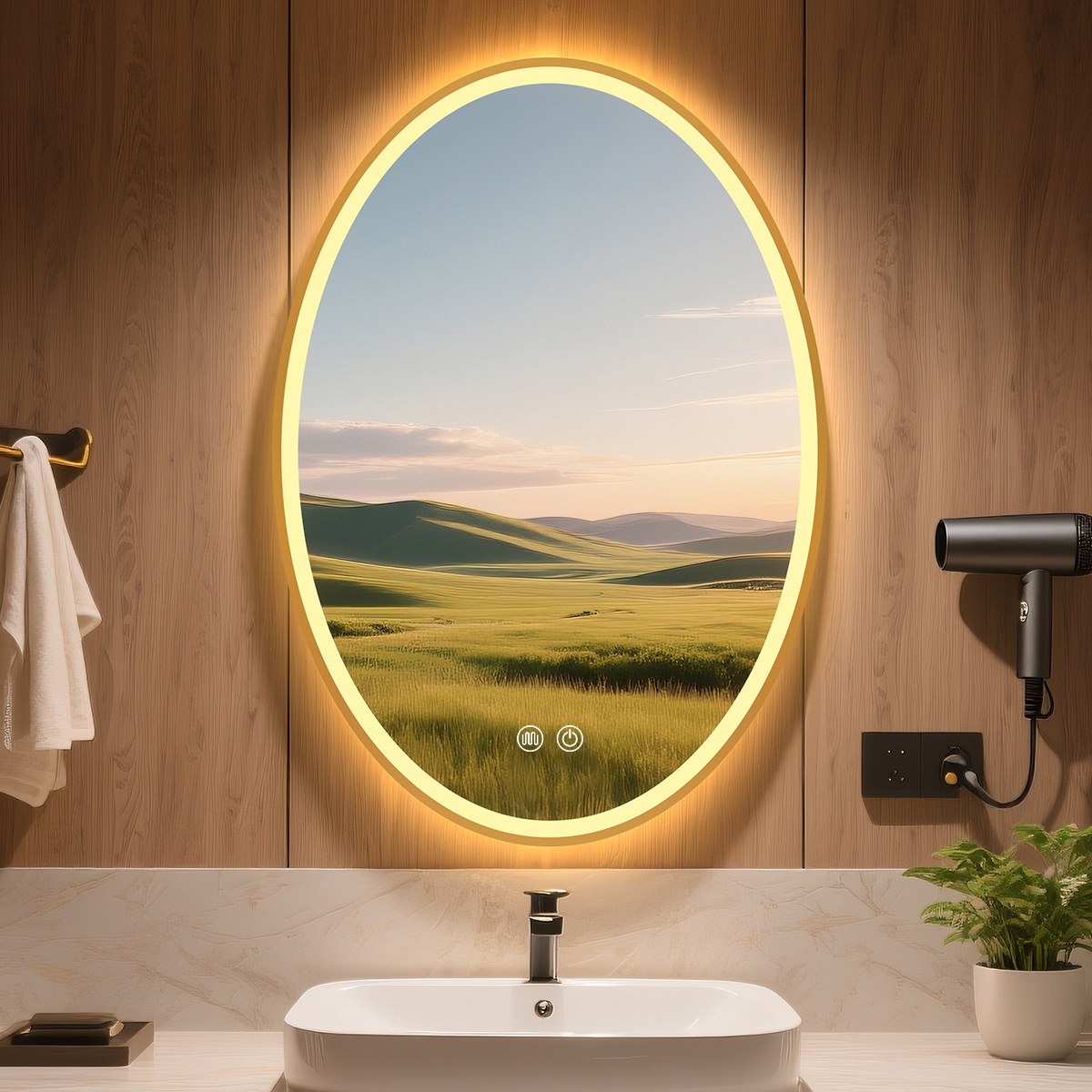 Hoteles transfronterizos residenciales espejo inteligente con marco de aleación de aluminio sin perforación de pared LED con lámpara de lámpara anti niebla baño elíptico