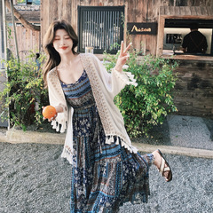 实拍波西米亚风碎花连衣裙女2025新款夏日绝美度假风吊带裙两件套