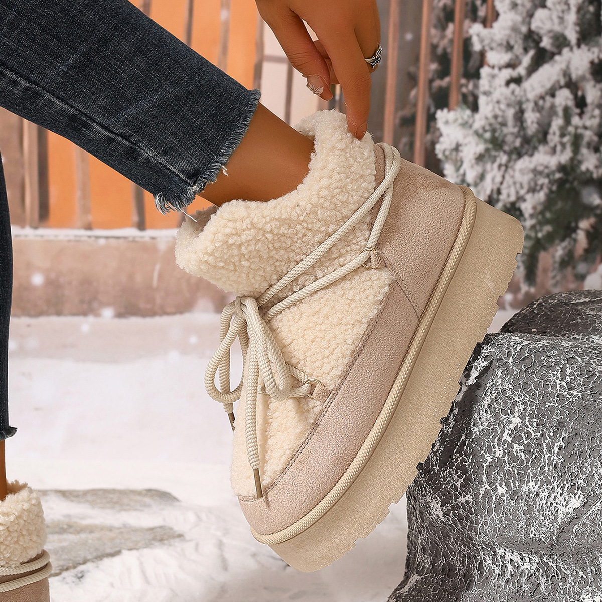 Autumn and winter new fashion cashmere thickened warm short tube slip-on elastic snow boots_voghion.com