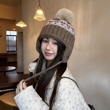 冬季保暖女帽费尔岛复古提花毛线帽子女雪天加厚保暖护耳帽针织帽