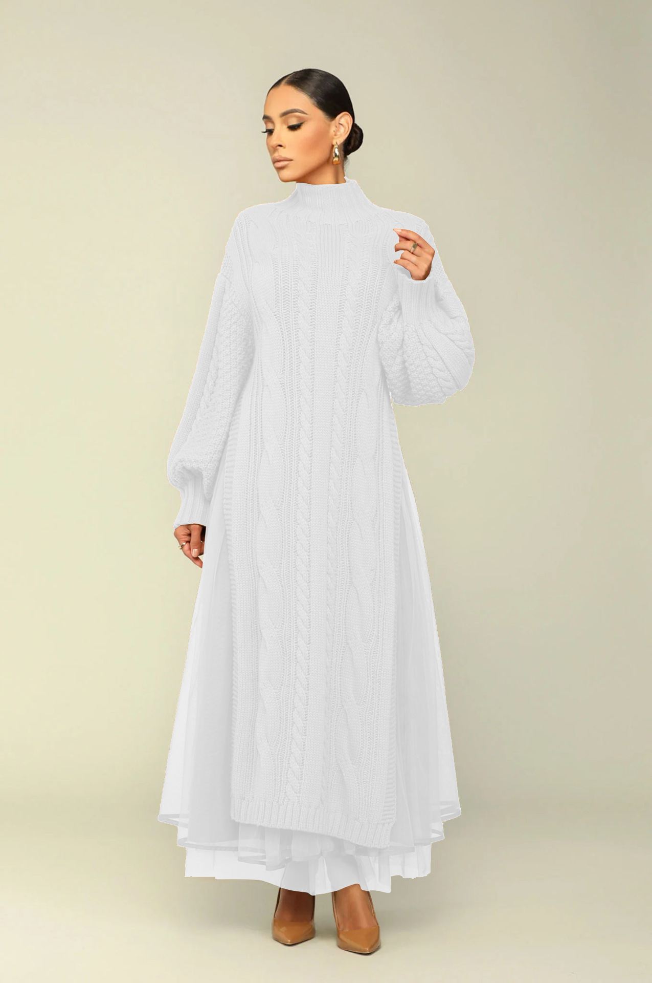 Robe pull femme ensemble deux pièces manches lanterne et col montant_voghion.com