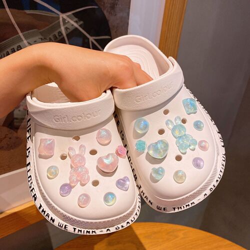 Diy Glitter Bear Translucent LED Hole Shoes Hook Pencil Shin-chan with Light Hole Shoes Flower Cream Color Accessory