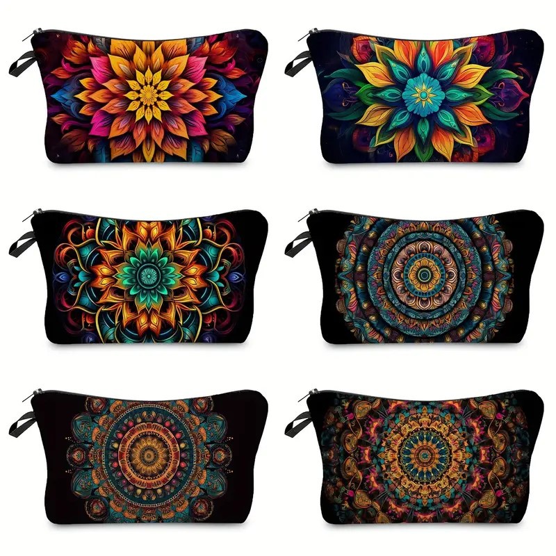 Bolsa de maquillaje de damas transfronterizas de Amazon nueva bolsa de maquillaje de flor de mandala bolsa de almacenamiento de lino bolsa de cremallera impermeable