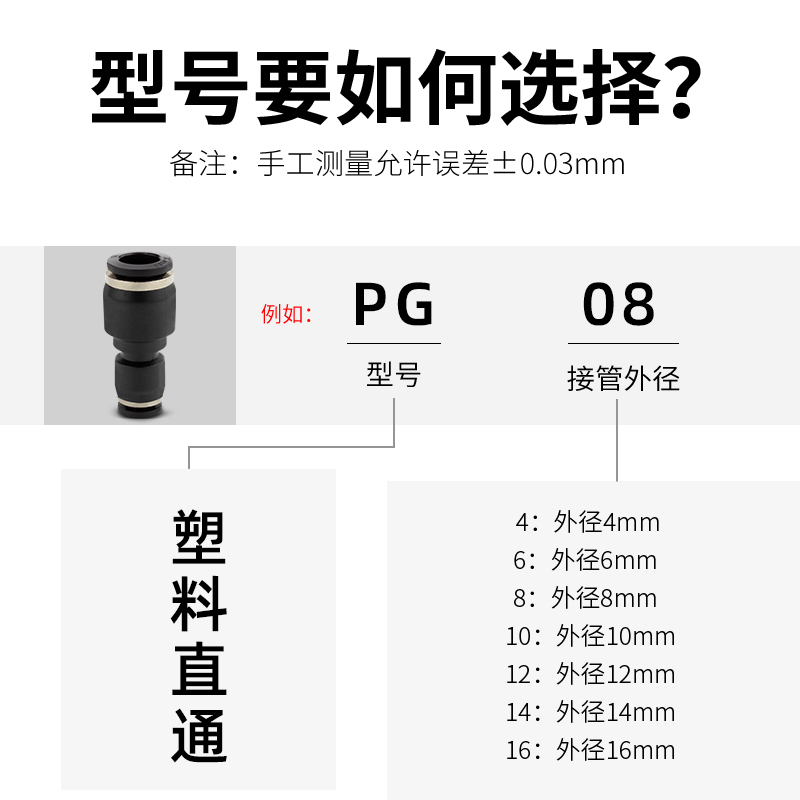 气动快速变径接头PG6-4/8-4/10/8/12-8气管快插直通高压软管接头