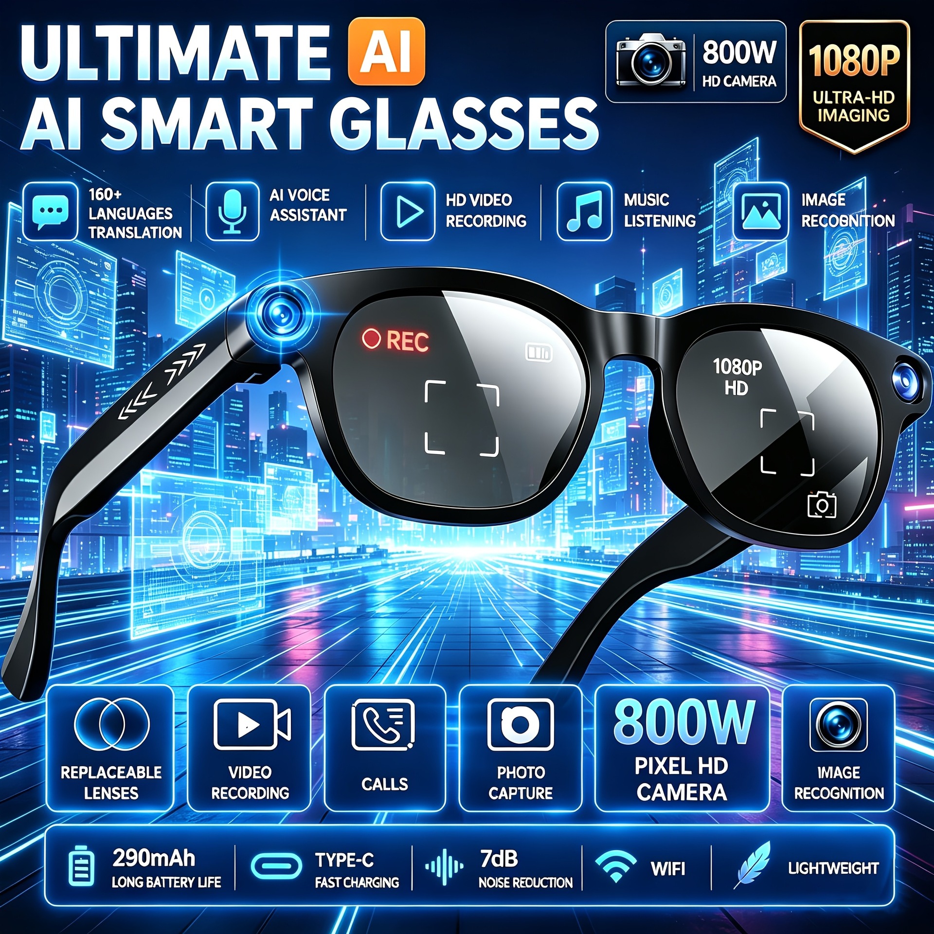 CY03 intelligente Brille mit Kamera 800W Pixel Foto Video Aufnahme austauschbare Gläser KI intelligente Brille - 1