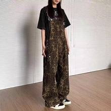 2024新款美式复古街头豹纹背带裤女ins宽松百搭阔腿显瘦牛仔裤潮