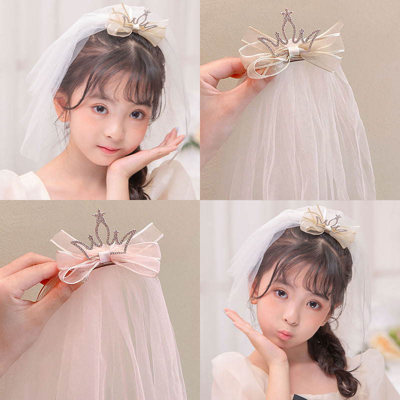 princess gauze crown barrettes children cute korean style veil hair accessories girl super fairy three-dimensional light diamond headdress for taking photos