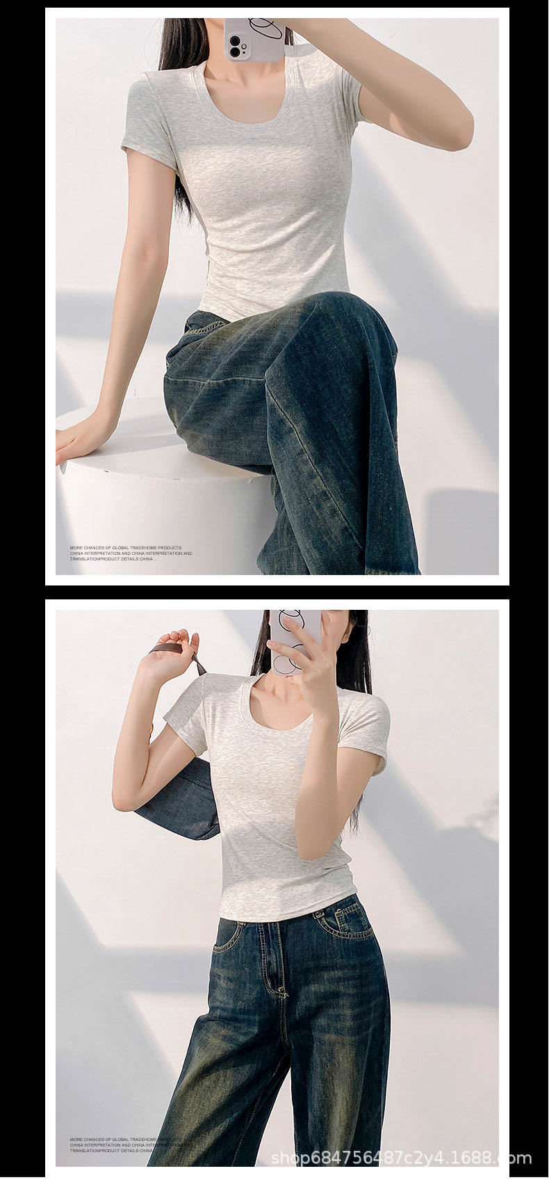 American slim-fit short-sleeved T-shirt for women, 2025 summer new style, waist-cinching round-neck T-shirt, sweet and spicy short top as the base pic 8